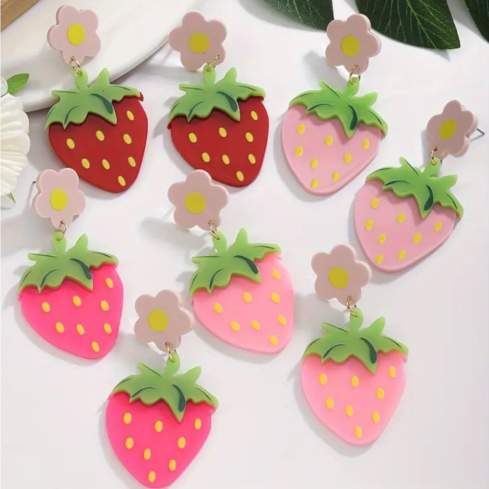 Pink Strawberry Floral Acrylic Dangle Earrings - Picture 2 of 3